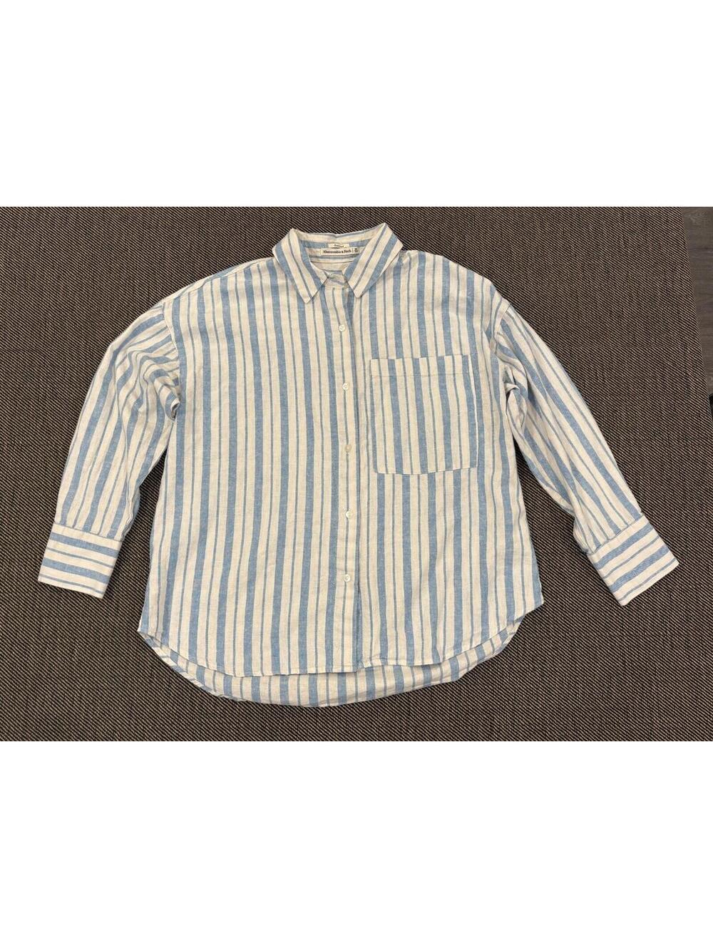 Abercrombie & Fitch Button Up Linen Cotton Shirt Womens M Blue Striped Oversized